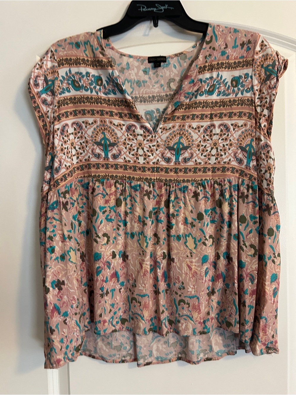 Coco + Carmen Pink and Teal Floral Boho V-Neck Blouse